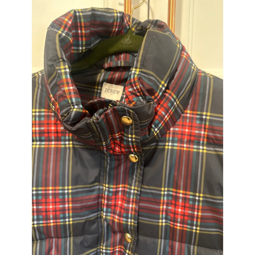 J.Crew Womens Plaid Puffer Jacket Navy Red boho Tartan Quilted Coat Large preppy - Picture 2 of 10